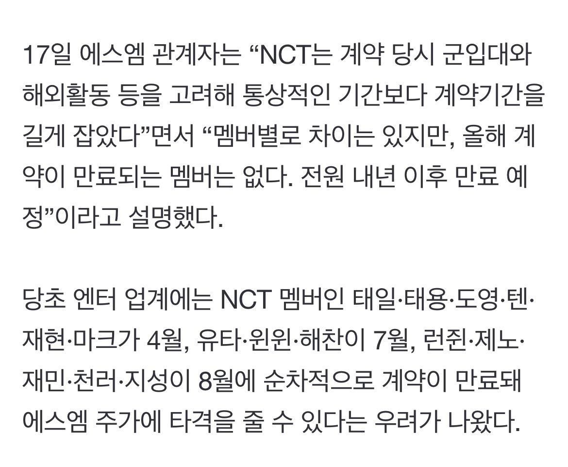 SM Entertainment แจ้งว่าสัญญาของ NCT ยังไม่หมดในปีนี้เนื่องจากสัญญาของ NCT ตั้งไว้นานกว่าปกติโดยคำนวณเวลาเข้ากรมและตารางงานต่างประเทศควบคู่เข้าไปด้วย 

สัญญาของแต่ละคนแตกต่างกันไปแต่ยังไม่มีใครหมดสัญญาในปีนี้ สัญญาของทุกคนเริ่มหมดหลังปีหน้า

อย่างไรก็ตาม