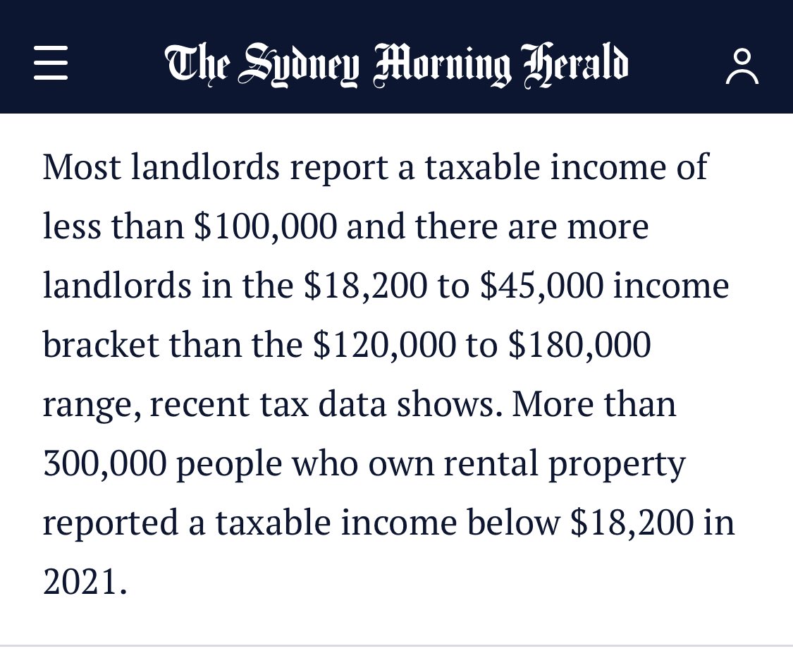 this is nonsense from @smh …it ignores the fact that negative gearing reduces taxable income…and the bigger the tax benefit (eg owning multiple properties) the lower the taxable income will be…
#auspol #NegativeGearing #Housing