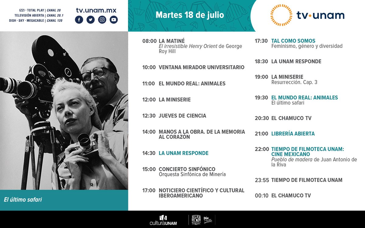 tvunam's tweet photo. 🤩📺¿Cómo pasar un #felizmartes? En #TVUNAM tenemos la respuesta: la matiné🎬, #LaUNAMresponde🦠, Animales: «El último safari»🐯, #ChamucoTV👹, #LibreríaAbierta📖 y ciclo #CineMexicano🎥. https://t.co/s0LoCcZihd