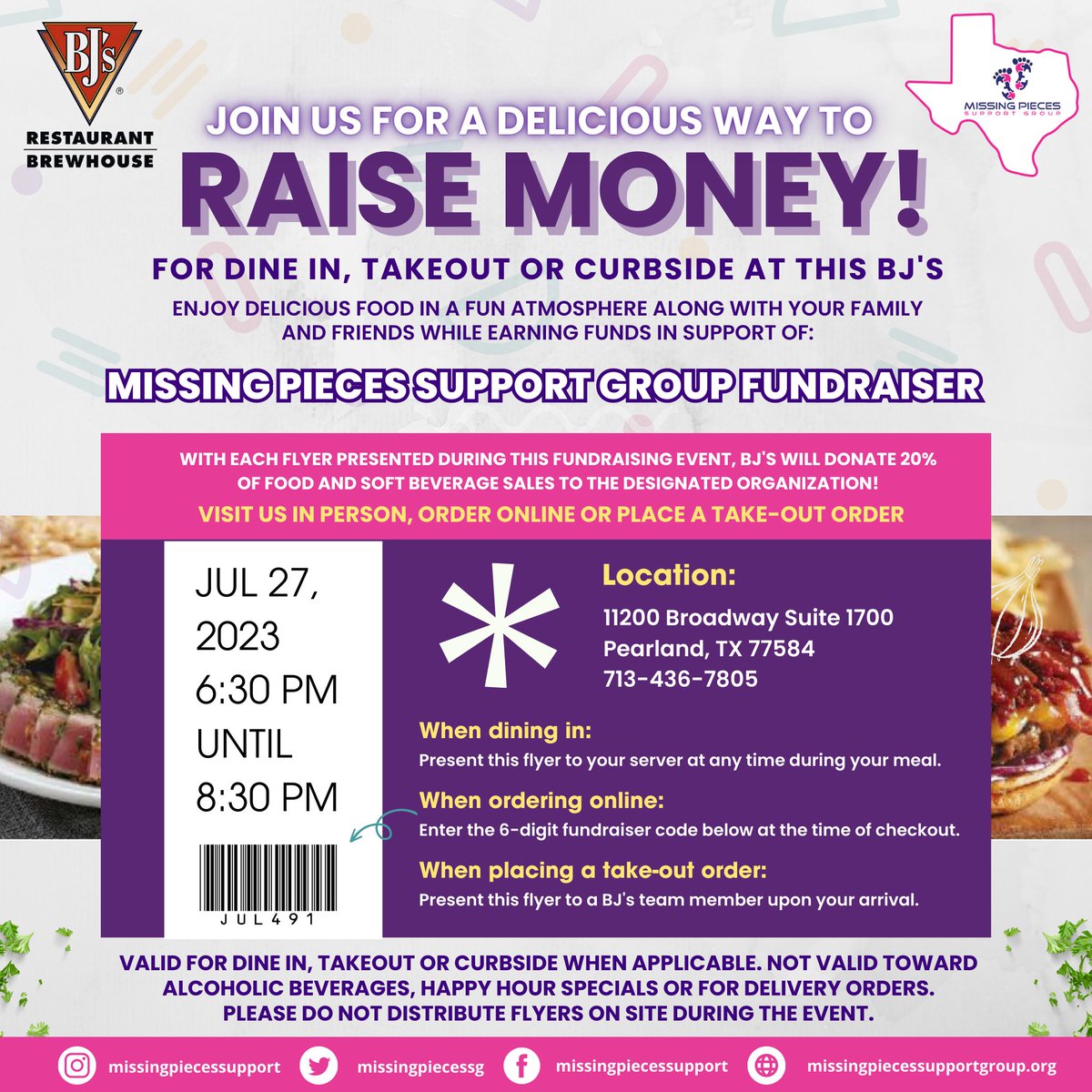 Exciting News! 🎉🍕 Join us @bjsrestaurants  7/27 , 6:30-8:30 PM! Show this flyer or order online w/code JUL491,;our nonprofit will receive 20% of the sale! 💸. Let's come together and make a difference!  #FundraisingEvent #CommunitySupport #DineAndDonate #CharityEvent