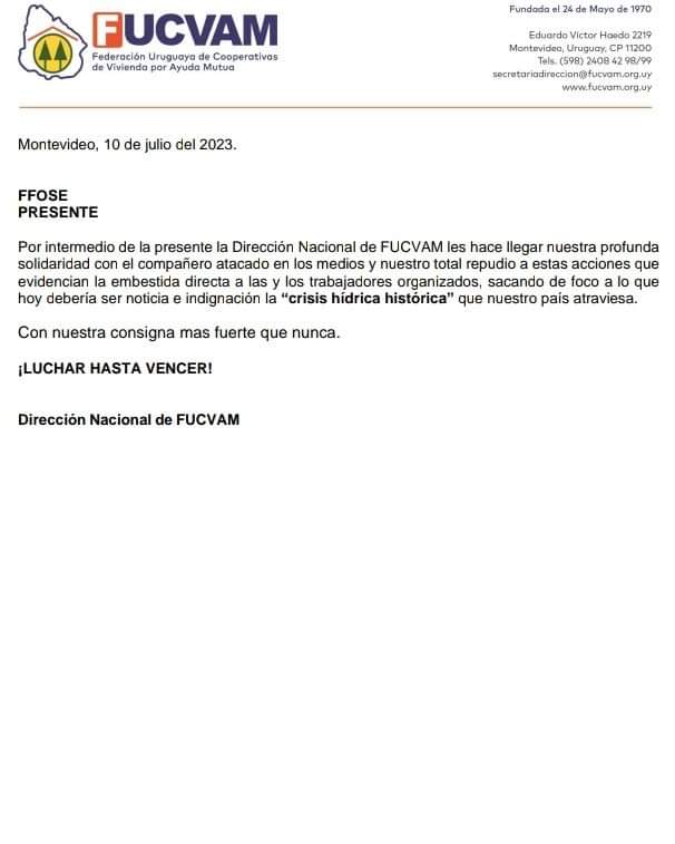 Vivo en una cooperativa de viviendas y este comunicado de <a href="/FUCVAM/">FUCVAM</a> apoyando acciones violentas por parte de algunos integrantes del sindicato de <a href="/OSE_Uruguay/">OSE</a> es una VERGUENZA. 

Como cooperativista no me representa.