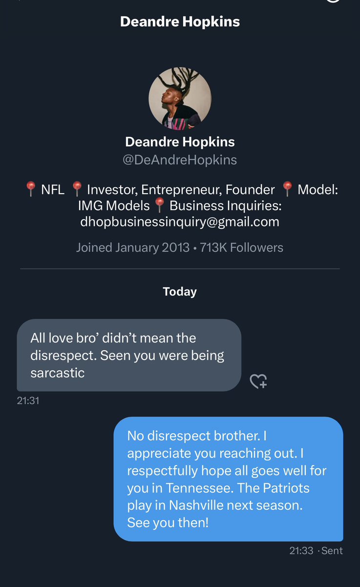 BabzOnTheMic's tweet photo. For the Babz haters that want to dunk on me, the air has instantly been cleared by a very classy @DeAndreHopkins
Wish we had him in New England. Best of luck in Tennessee.
#HOPKINSWATCH is officially over. https://t.co/2xHGD4emsI