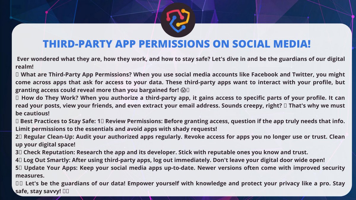 🔍📲 Unlocking the Mystery: Third-Party App Permissions on Social Media! 🚀💡#DataSecurity #PrivacyMatters #OnlineSafety #SocialMediaSecurity #CyberAwareness #DigitalPrivacy #ProtectYourData #DataProtection #GuardYourInfo #SecureBrowsing #DigitalSafety #SafeSocialMedia