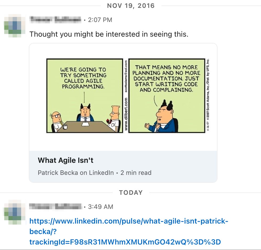The last time my father-in-law sent me a LinkedIn message was 7 years ago.

He just sent me another and it was THE SAME ARTICLE.