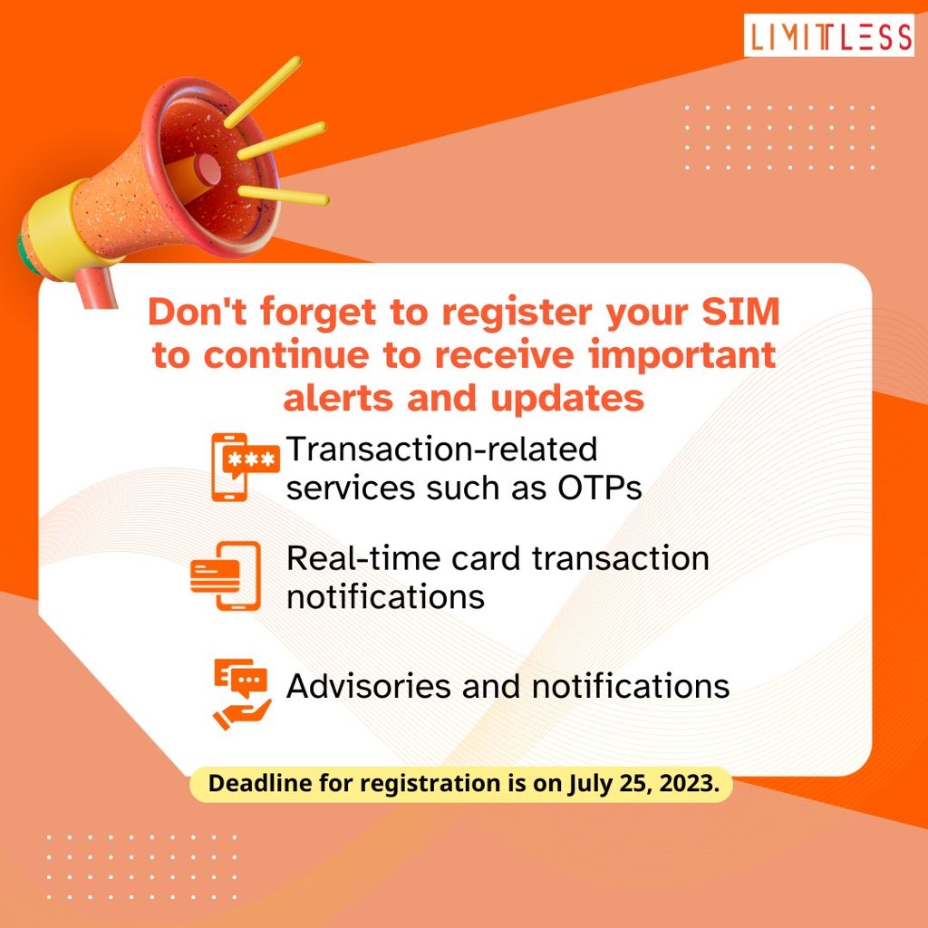 Keep the LIMITLESS rewards, deals, and promos going! 

Let's keep our accounts safe and secured. Register your SIM now!

#LIMITLESSPH #LifeWithNoBoundaries #LiveLIMITLESS