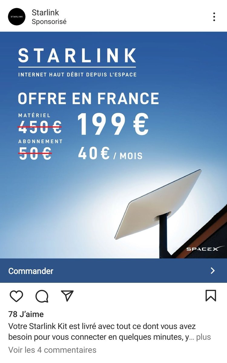 ReferenceAstro's tweet photo. 🔴 #Starlink développe de plus en plus sa communication. Ici un post sponsorisé sur Instagram. Ce qui prouve qu'elle est bien décidée à se faire une place dans le paysage des opérateurs téléphoniques 🛰️ (et un prix avantageux jusqu'au 31 juillet) https://t.co/2ezpShsu37