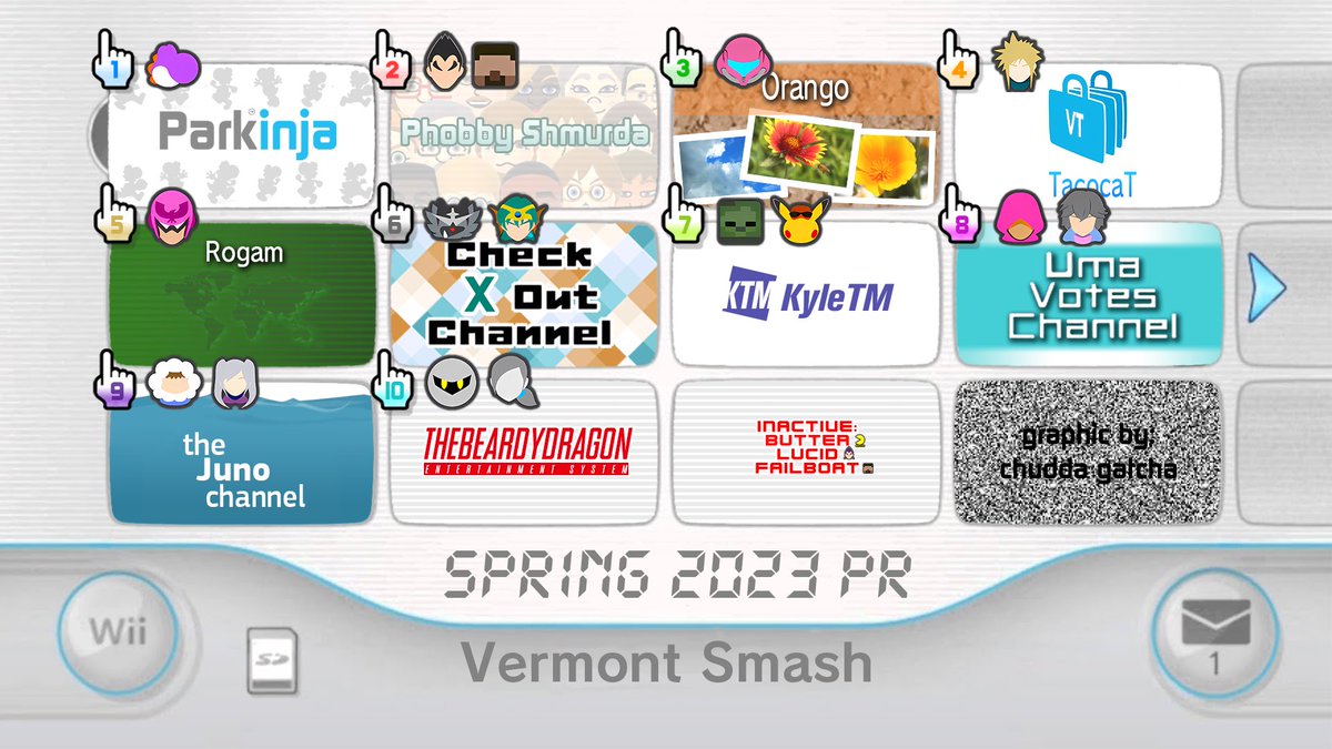 VermontSmash's tweet photo. Here's the Spring 2023 Vermont Smash PR Graphic! Congrats to everyone that made it!

1. @Park4NESI 
2. @gatchabot 
3. @orangoAU 
4. @Tac0cT 
5. Rogam
6. @For_Xample 
7. @LocalLibraryCat 
8. @FieryKataX310 
9. @aliceaeterna 
10. @maxdwal https://t.co/Capc6qt17T