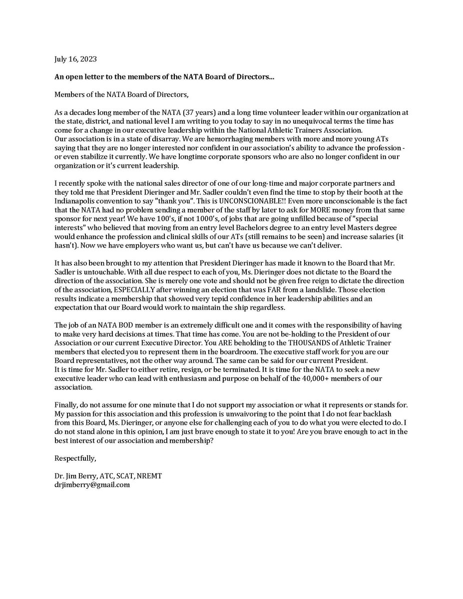 An open letter to the NATA Board of Directors...