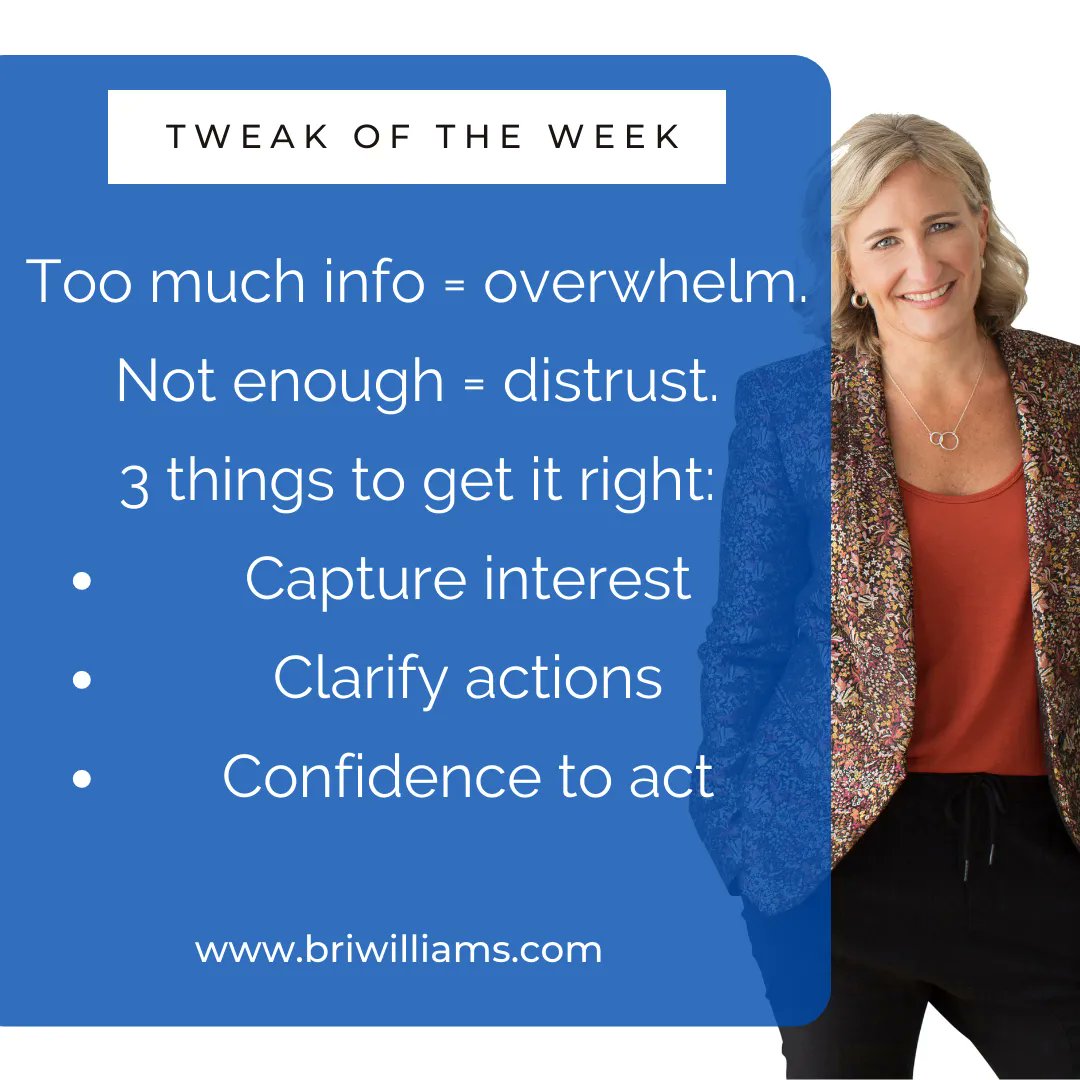 peoplepatterns's tweet photo. Getting the balance right is difficult.
Three things to help get it right:
1. Capture interest (WIIFM)
2. Clarify what they need to do
3. Give them the confidence to do it
#TweakOfTheWeek #InfluenceAction #JustDoThis https://t.co/RE8cKNOljg