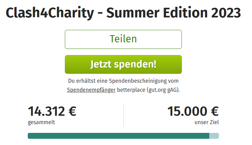 Damit geht der #Clash4Charity erneut zu Ende. Wir sind sehr happy über das Ergebnis!

14.312 € + 130 € kamen durch Spenden für die Gerald Asamoah Stiftung zusammen! Das offizielle Endergebnis geben wir dann noch zeitnah bekannt.

Wer noch Spenden möchte: spende.letsplay4charity.com