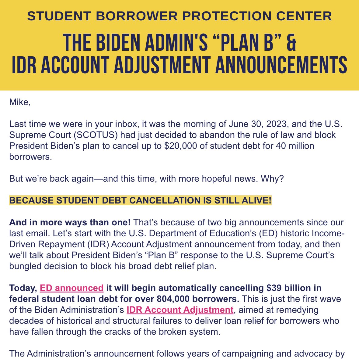 BorrowerJustice's tweet photo. The Biden Administration recently announced “Plan B” for student debt cancellation &amp; upcoming IDR Account Adjustment discharges!

Learn about @POTUS's continued cancellation commitments: 
https://t.co/zd4zguJtqC

Sign up for future emails:
https://t.co/sW54raSA4f https://t.co/ChwEI9u7eD