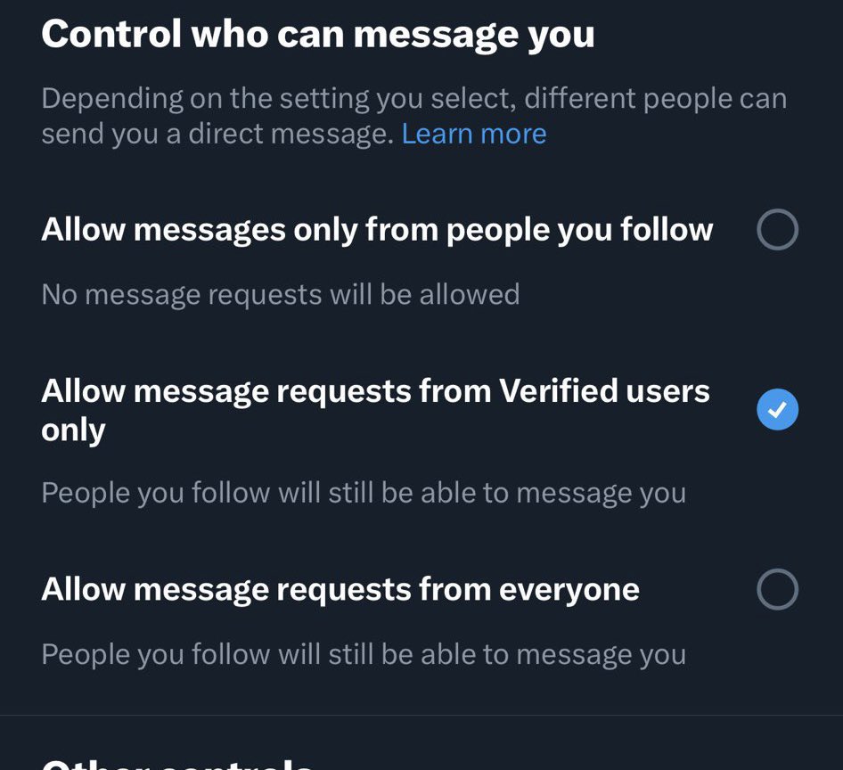 🚨 ATHLETES 🚨 

CHANGES WERE MADE TO TWITTER!!!

OPEN YOUR DM’s!!!! PASS THIS ON!!!

1: Settings
2: Privacy and Safety 
3: Direct Messages