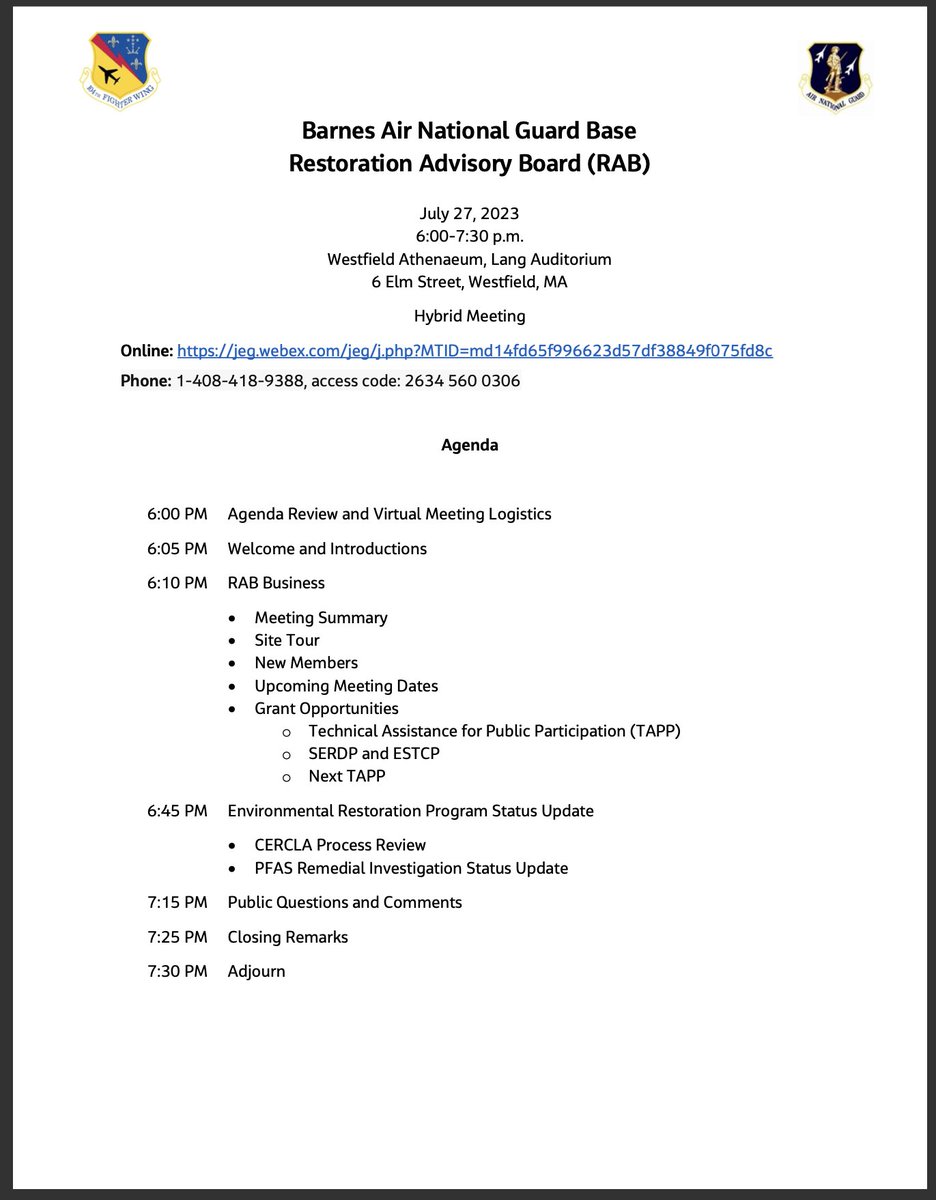 The Barnes Air National Guard Base Restoration Advisory Board (RAB ) will meet on Thursday, July 27 at 6:00 p.m.  
This is a HYBRID in-person/virtual meeting to be held at the Westfield Athenaeum and online at the Webex link listed on the agenda.