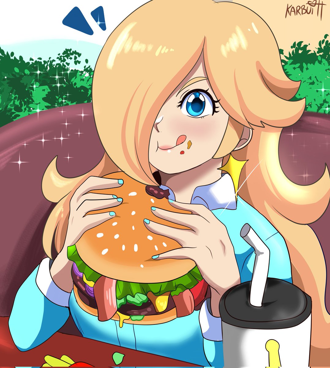 rosalina 1girl burger food blonde hair blue eyes hair over one eye solo  illustration images