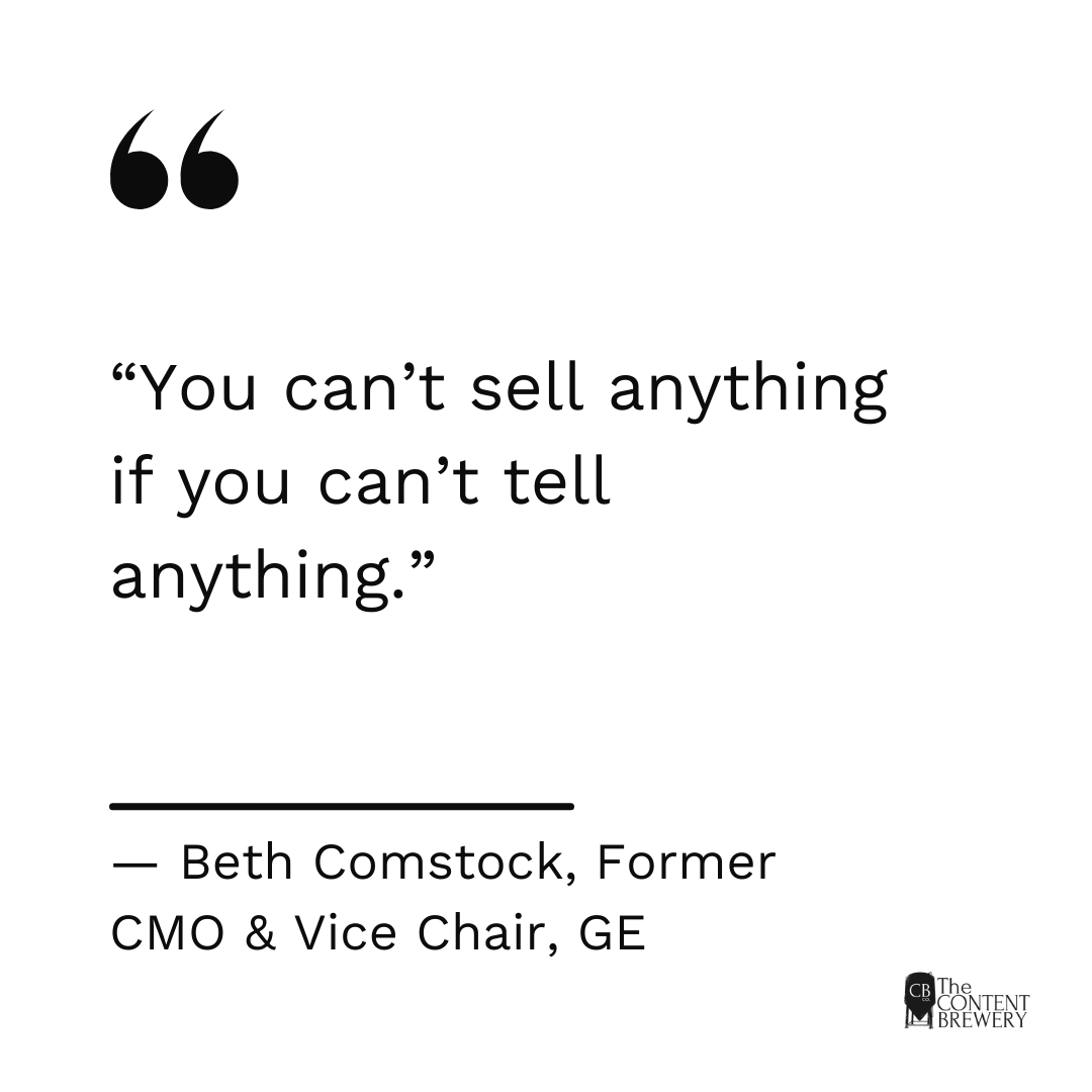 ContentBrewery's tweet photo. “You can’t sell anything if you can’t tell anything.” — Beth Comstock, Former CMO &amp; Vice Chair, GE

#QuoteofTheDay #BusinessQuote #InspirationalQuote #SmallBusinessOwner #Affirmation #Ambition #CEO #Founder https://t.co/pbd3ZUIWQg