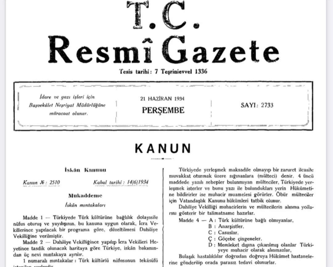 umtdogan71's tweet photo. Atatürk’ün sığınmacı politikası;

- Türk soylu olmayanlar istediği yere yerleşemez.

- Anadili Türkçe olmayanlar müstakil mahalle kuramaz, işçi ve sanatçı kümesi oluşturamaz, bir işi veya sanatı kendi soydaşlarına tekelleştiremez.

- Ecnebilerin bir belediyedeki nüfusu %10’u geçemez.

( Resmî Gazete- 21 Haziran 1934 )