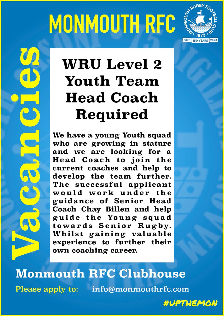MonYoungRugby's tweet photo. π EXCITING OPPORTUNITY! π
β‘οΈ Youth Team Head Coach required
β‘οΈ WRU Level 2
Contact:
π§ info@monmouthrfc.com
#upthemon #grassrootsrugby #rugby #rugbyfamily #youthrugby #JoinUs #joinourteam #headcoach #coachingopportunity https://t.co/nkDRixCLdM