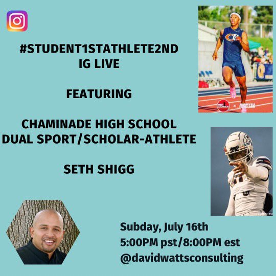 Tune in tonight at 5pm pst for the #Student1stAthlete2nd IG Live. Our guest is @Chaminadesports dual-sport #scholarathlete QB & T&F sprinter @SethShigg . He’ll be sharing his story, talking about his SA experiences, & discussing some of his Jr year goals. #Student1stAthlete2nd