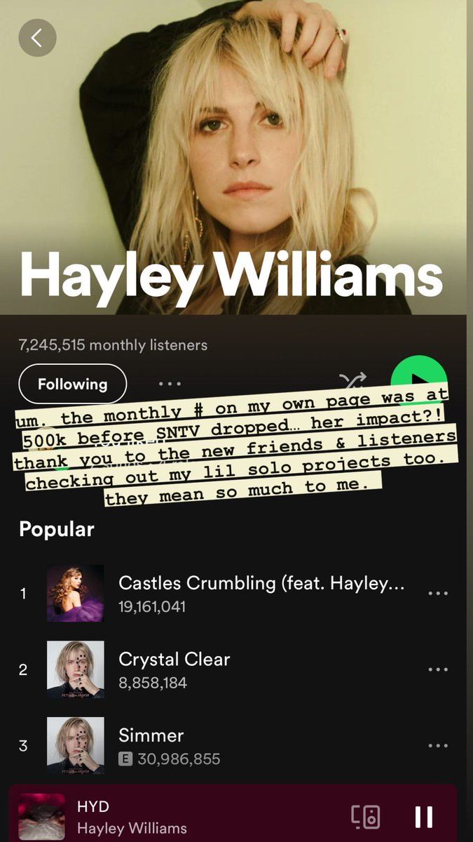 Hayley Williams atualizou seu Instagram Stories impressionada com o impacto de "Castles Crumbling" em seus ouvintes!

"O número de ouvintes na minha página estava em 500 mil antes do SNTV sair. O impacto dela?! Muito obrigada aos novos amigos e ouvintes que estão conferindo meus