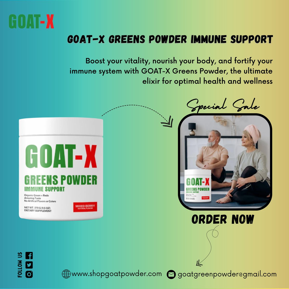 goatgreenpowder's tweet photo. ✨ Looking for a healthy boost? Introducing GOAT-X GREENS POWDER IMMUNE SUPPORT! 🍓🌱 With over 20 nutrient-rich greens and super fruits, our delicious berry-flavored drink will revitalize your body and mind. 

🛒Order now ——> https://t.co/b9QVqOzLCo
.
#GreensPowder #HealthyBoost https://t.co/JJgJBKHV2h