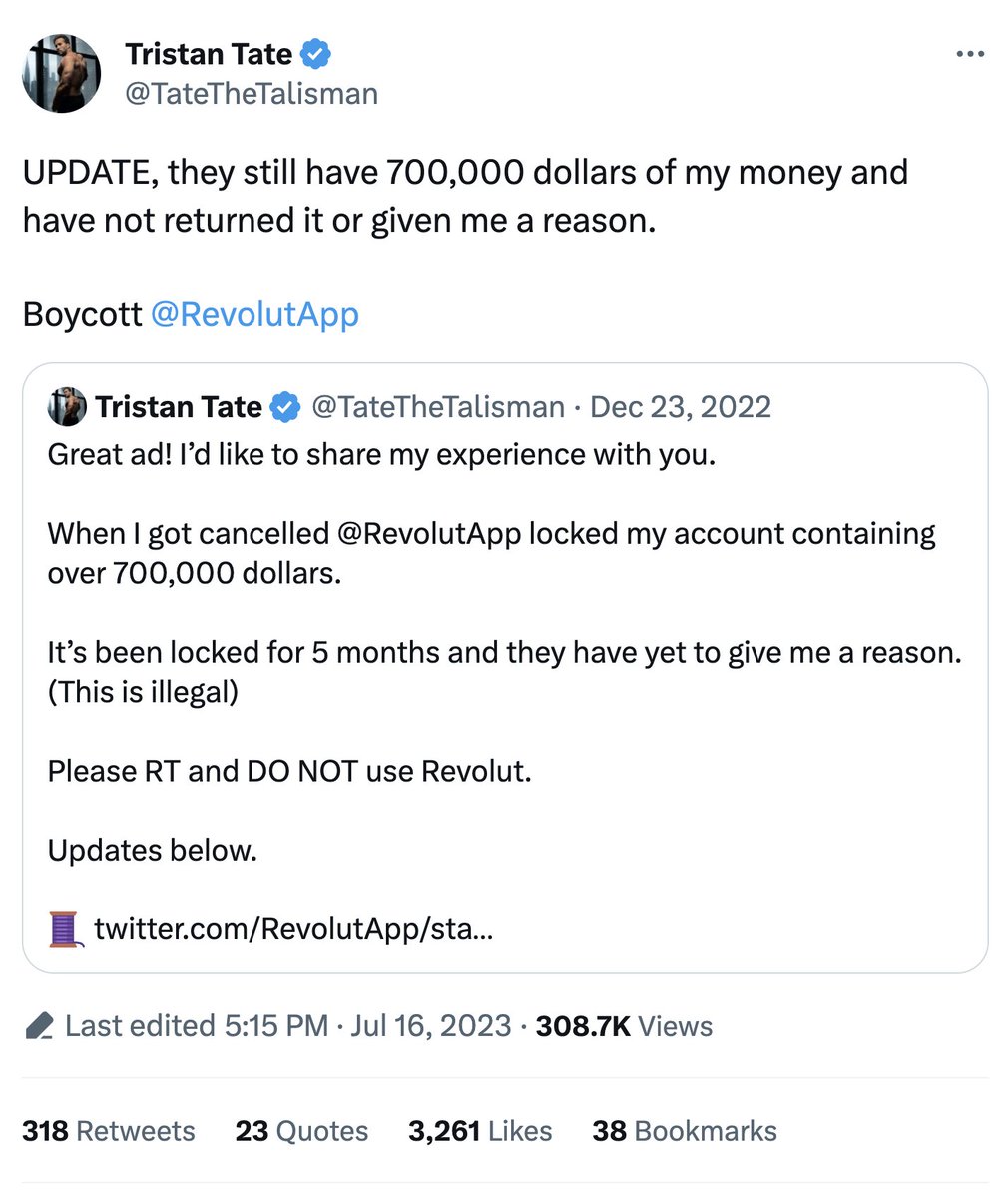 DramaAlert's tweet photo. Tristan Tate is calling for a boycott of the Revolut money management app due to them locking his account containing over $700,000 dollars. #DramaAlert https://t.co/aPbqmlwBNm