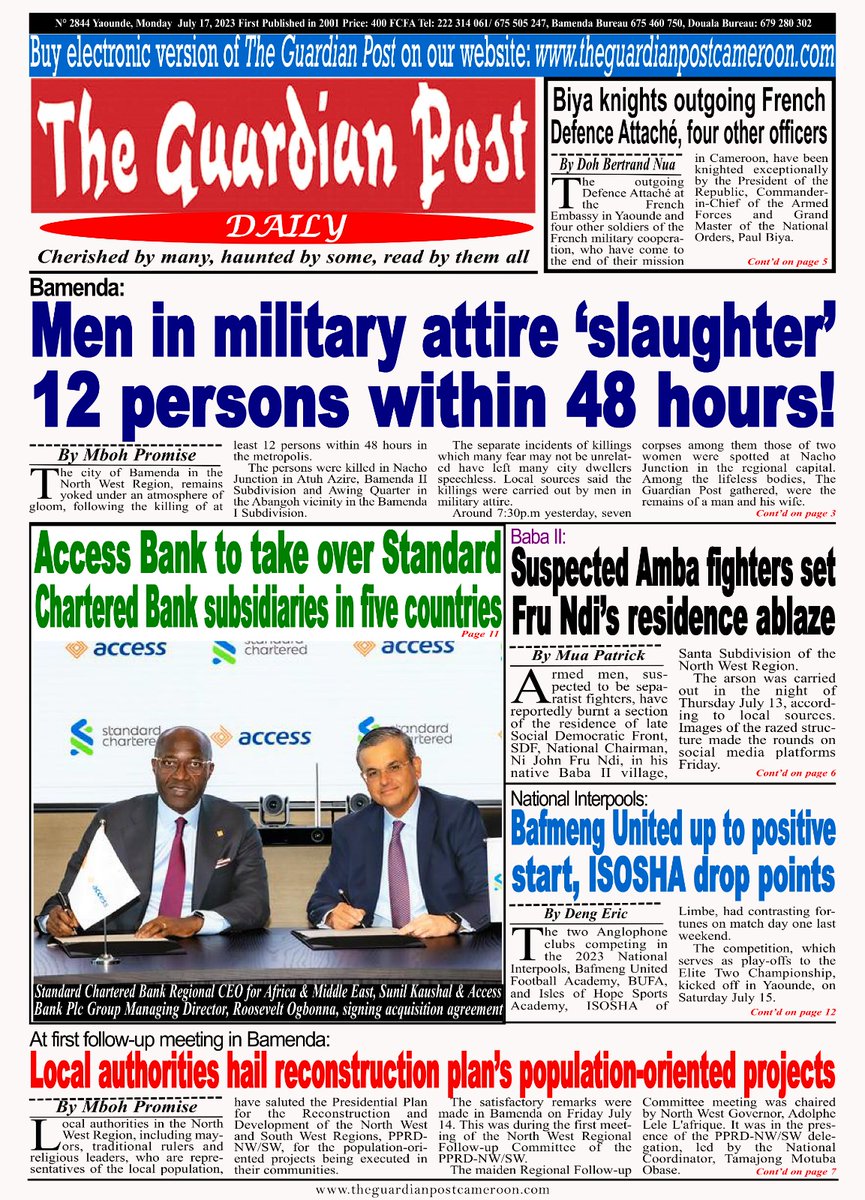 #Camroun military continues the slaughter and mass atrocities in the #SouthernCameroons unabated. Bamenda July 16, 2023!
<a href="/JoeBiden/">Joe Biden</a> 
<a href="/SecBlinken/">Secretary Antony Blinken</a> 
<a href="/TiborPNagyJr/">Tibor Nagy</a> 
<a href="/antonioguterres/">António Guterres</a> 
<a href="/USEmbYaounde/">U.S. Embassy Yaounde</a> 
<a href="/SenatorDurbin/">Senator Dick Durbin</a> 
<a href="/USAmbUN/">Ambassador Mike Waltz</a> 
<a href="/AUC_MoussaFaki/">Moussa Faki Mahamat</a> 
<a href="/BBCWorld/">BBC News (World)</a>