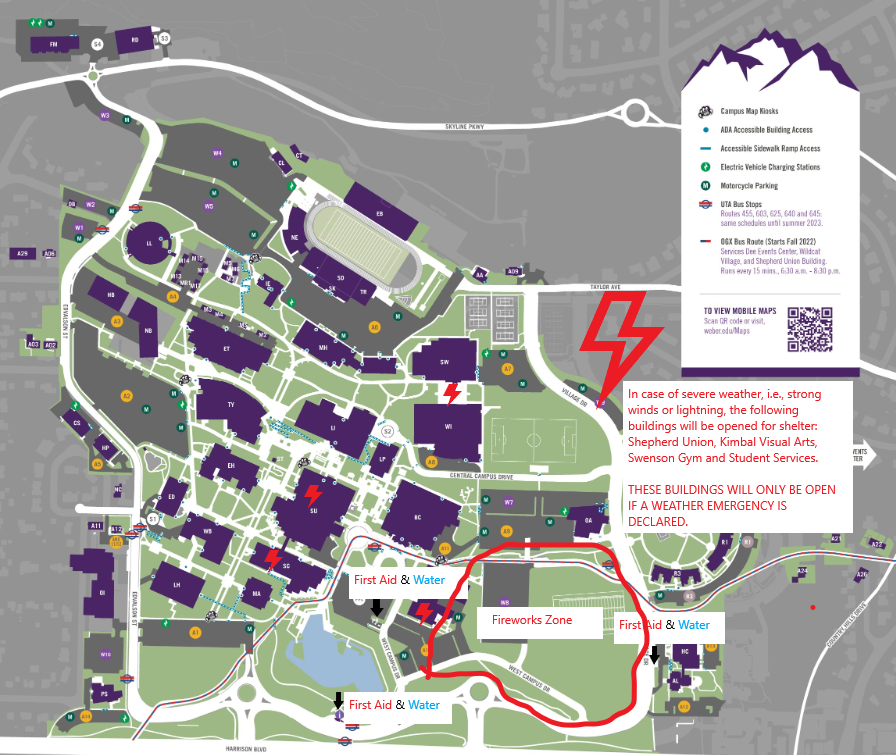 WeberStatePD's tweet photo. If you're attending the Lindquist Pops Concert, be prepared for the heat. Dress for the weather, stay hydrated and stay in the shade. Water stations are shown on the map.   In case of severe winds/lightning, buildings indicated will be opened for shelter. Have fun and be safe! https://t.co/aTFs3fOT3W