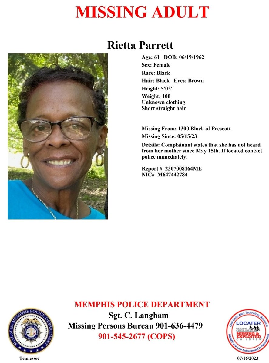 Memphis Police Dept on Twitter "Have you seen Rietta Parrert? Report