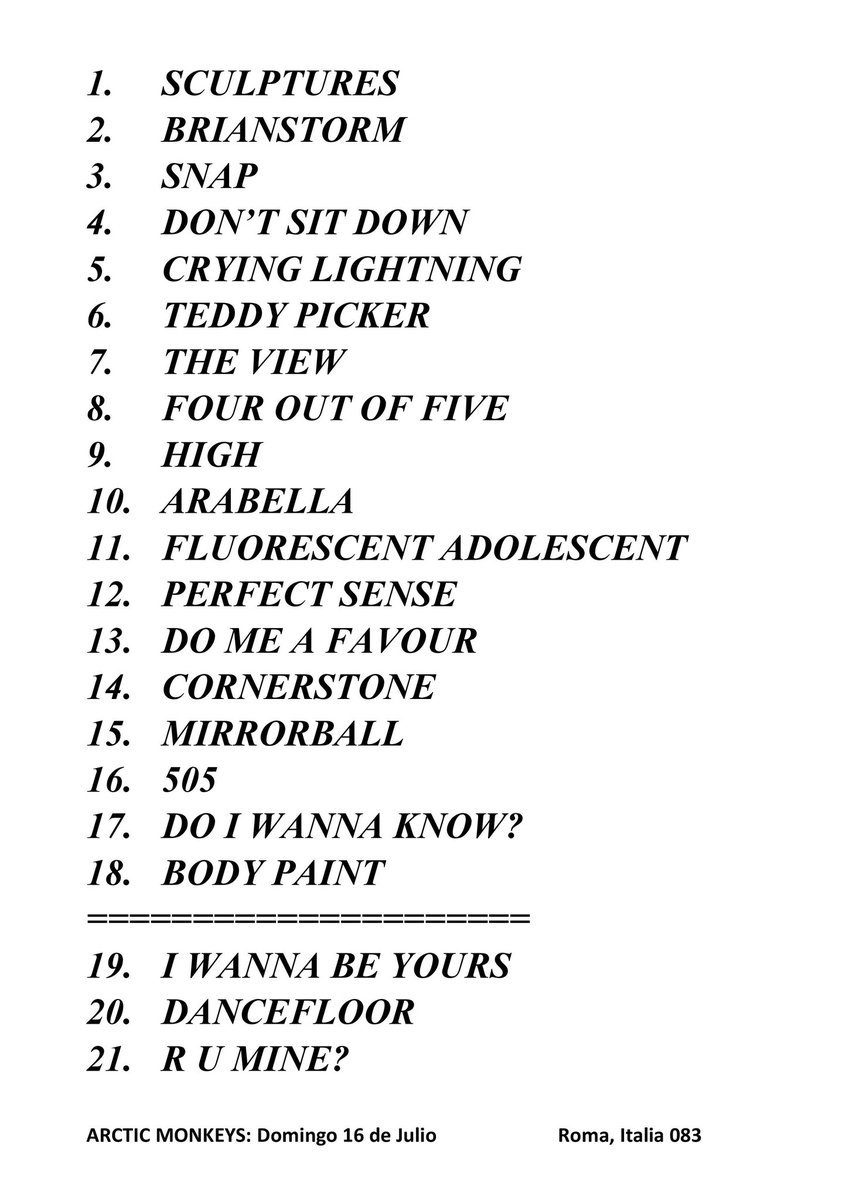 AnnexMonkeys's tweet photo. Arctic Monkeys. 
🌍 Gira The Car (Europa)
📍 Rock In Roma Ippodromo Delle Capannelle
🇮🇹 Roma, Italia 
📆 Domingo 16 de Julio, 2023
#️⃣ Recital Número 083

Nota: Sin demasiados cambios, entra una vez más a el encore "I Wanna Be Yours" https://t.co/wsqDd5KlWq