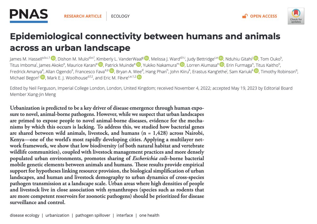 Zoonoses & EID (@zoonoticdisease) on Twitter photo Newly published in <a href="/PNASNews/">PNASNews</a>, from our #UrbanZoo project <a href="/LivUni_IVES/">Inst of Infection Veterinary & Ecological Sciences</a> <a href="/ILRI/">ILRI.org</a> @nationalzoo <a href="/KEMRI_Kenya/">Kenya Medical Research Institute</a> <a href="/EdinUniUsher/">Usher Institute</a> and more:
Epidemiological connectivity between humans and animals across an urban landscape
doi.org/10.1073/pnas.2…
@HassellJm <a href="/ericfevre/">Prof Eric Fevre</a> <a href="/muloi/">Sarita muloi</a> and more. Newly published in <a href="/PNASNews/">PNASNews</a>, from our #UrbanZoo project <a href="/LivUni_IVES/">Inst of Infection Veterinary & Ecological Sciences</a> <a href="/ILRI/">ILRI.org</a> @nationalzoo <a href="/KEMRI_Kenya/">Kenya Medical Research Institute</a> <a href="/EdinUniUsher/">Usher Institute</a> and more:
Epidemiological connectivity between humans and animals across an urban landscape
doi.org/10.1073/pnas.2…
@HassellJm <a href="/ericfevre/">Prof Eric Fevre</a> <a href="/muloi/">Sarita muloi</a> and more.