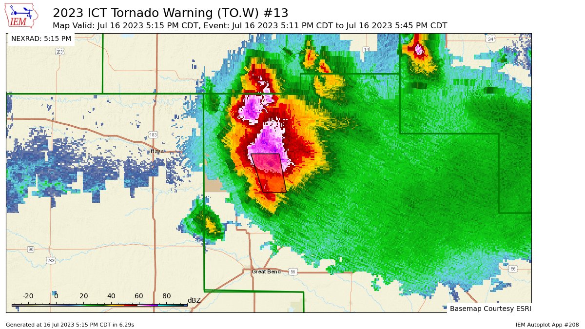 ICT continues Tornado Warning [tornado: RADAR INDICATED, hail: 2.75 IN] for Russell [KS] till 5:45 PM CDT https://t.co/Z5q2Rgo25B https://t.co/4FeRSkFyti