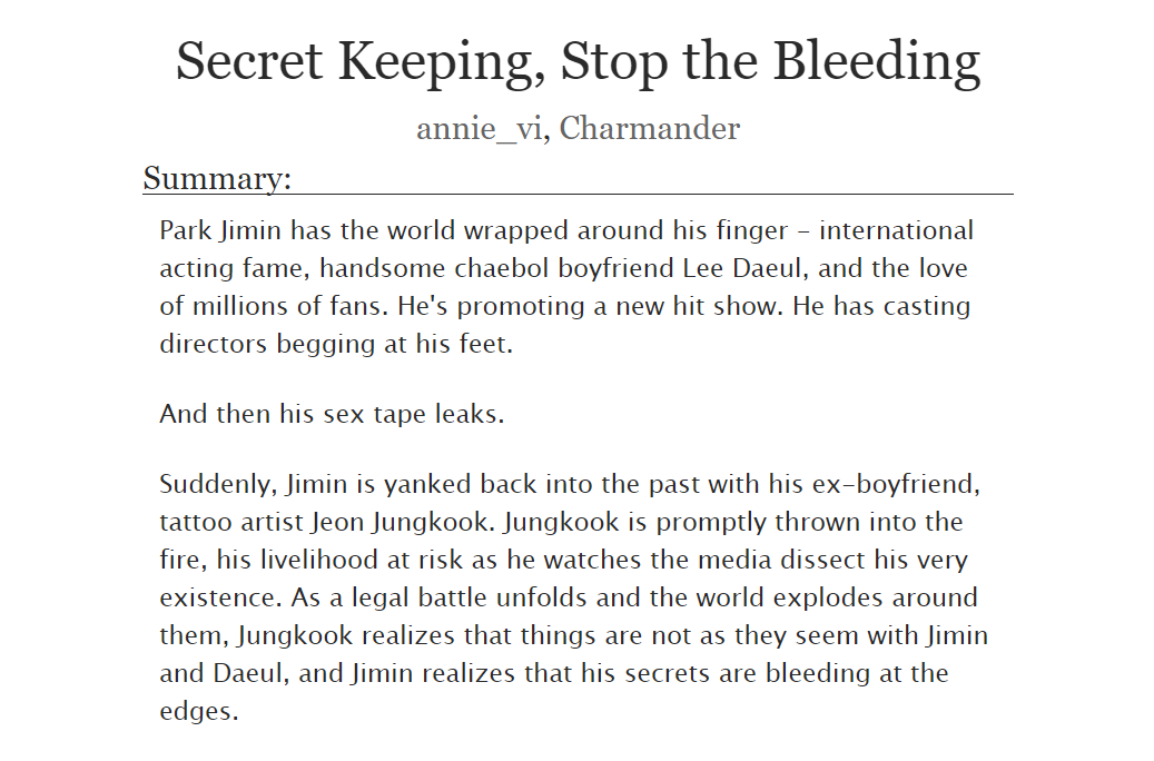 busantwosome's tweet photo. SECRET KEEPING, STOP THE BLEEDING
a collaborative fic from Charmander &amp; annie_vi 

☾ exes to lovers 
☾ actor!JM, tattoo artist!JK
☾ leaked tapes 
☾ tattoos and flashbacks

✺ story begins Friday 21st July ✺

@annie_vi3 @busantwosome https://t.co/SGKQurfzjG