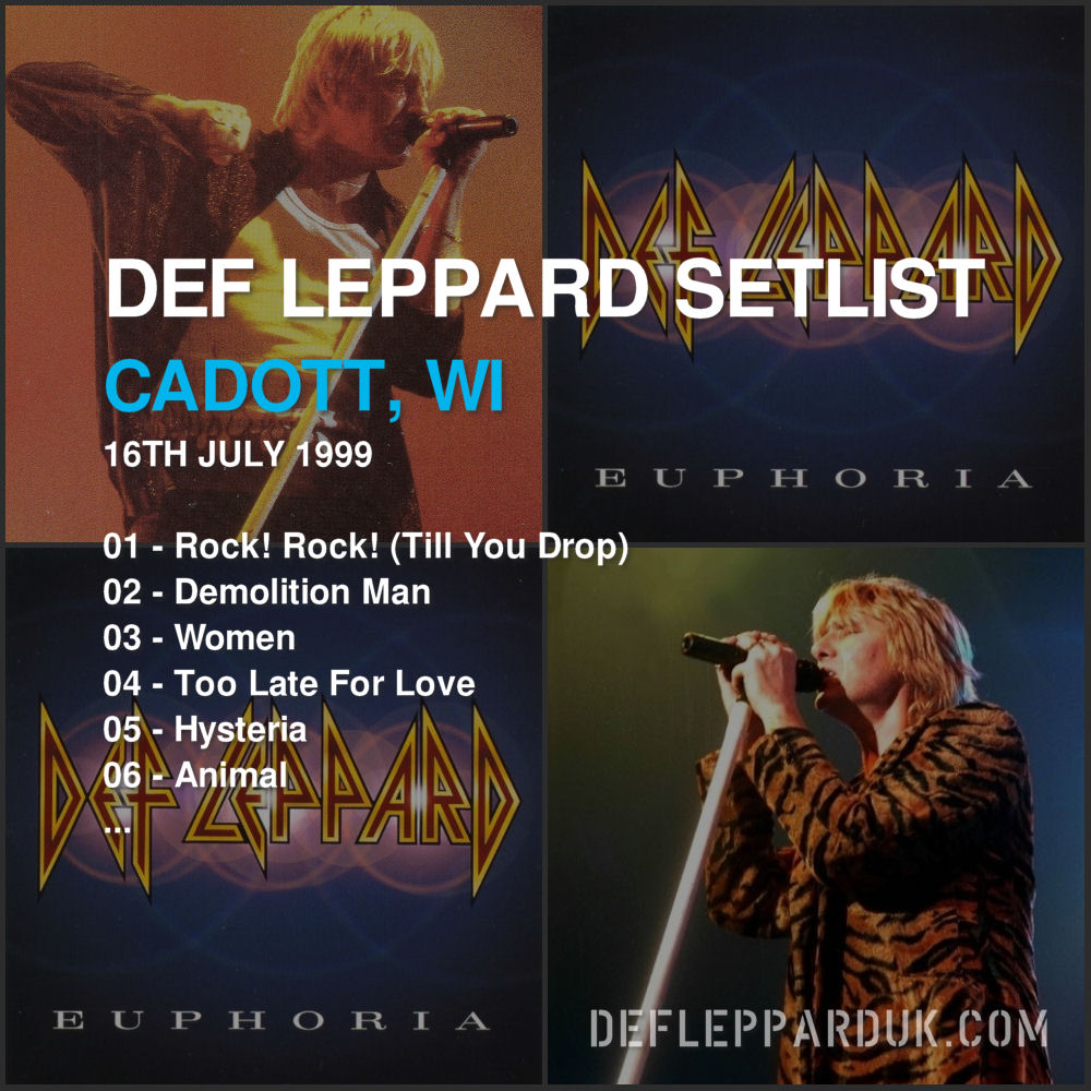 dltourhistory's tweet photo. #DefLeppard #Setlist for a show in
#Cadott WI USA 🇺🇸 24 Years Ago on this day in 1999

01 - Rock! Rock! (Till You Drop)
02 - Demolition Man
03 - Women...

#Euphoria #EuphoriaTour #JoeElliott 
https://t.co/4pg6wk1ecm https://t.co/63LOSLbYCM