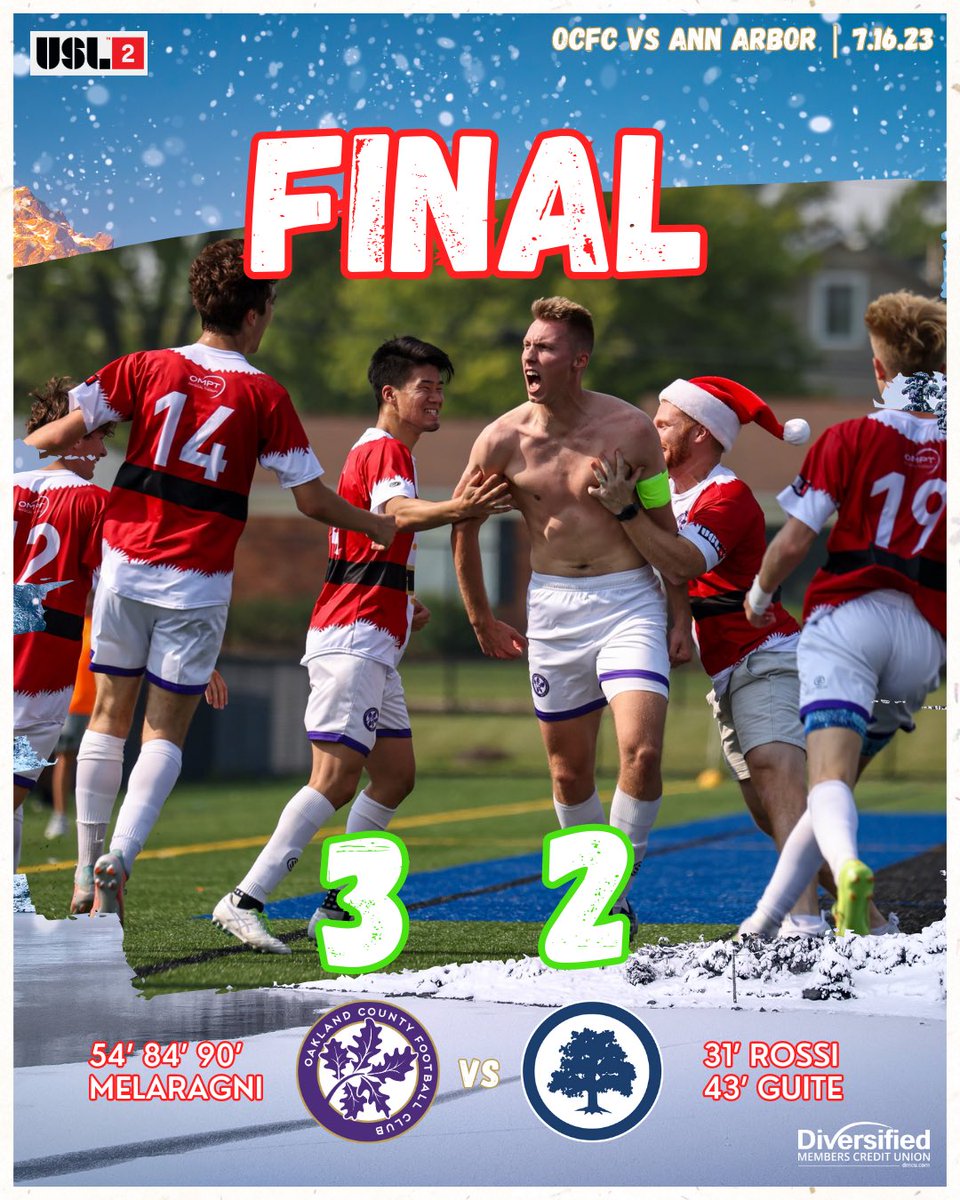 A 𝓒𝓱𝓻𝓲𝓼𝓽𝓶𝓪𝓼 𝓲𝓷 𝓙𝓾𝓵𝔂 Miracle‼️🎅

A poetic ending to the season as OCFC rallies from a 2-0 first half deficit to take the big W! 🎄

Captain <a href="/mikemelaragni/">Michael Melaragni</a> netted ALL 3️⃣ goals in the second half as he capped off one hell of a season. 👊🏼

Way to go, boys! 🟣⚪️🟣⚪️
