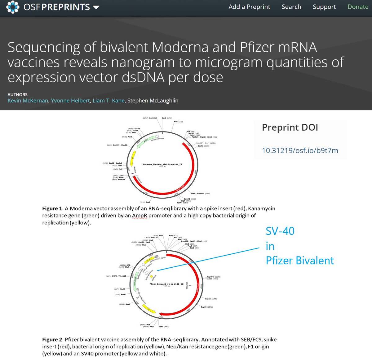 P_McCulloughMD's tweet photo. McKernan et al, analyzed two vials of @moderna_tx and 2 vials of @pfizer bivalent vaccines.  The cancer promoter SV-40 was in @pfizer.  Neither company has done analyses to corroborate or refute these findings. #courageousdiscourse @drcraigwax @MdBreathe @Kevin_McKernan https://t.co/biTMs5e8F2