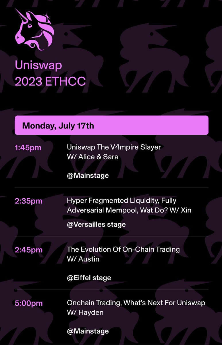 hensha256's tweet photo. catch me and @saraareynolds on the @EthCC main stage tomorrow 🇫🇷 

we’re talking about the journey of why we designed Uniswap V4 to be so collaborative and flexible 🦄 https://t.co/YksMOacKNT