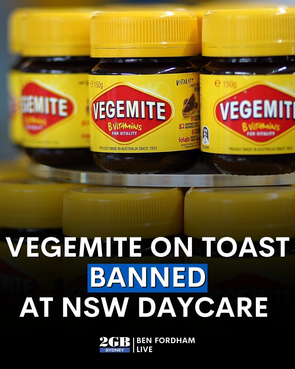 BenFordhamLive's tweet photo. This is insane.

A Sydney daycare centre has banned Vegemite toast.

They say it’s not a healthy option.

A leading dietitian has weighed in on the move.

🎧https://t.co/QAVZYLdCpT🎧 https://t.co/JnGqRdXc1T