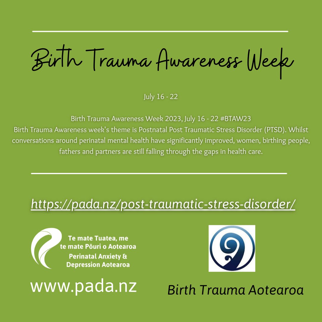 This week is Birth Trauma Awareness week, At  PADA - Perinatal Anxiety &amp; Depression Aotearoa we know how important it is to raise awareness of the impact of birth trauma.
This year Post traumatic stress in the theme!
pada.nz/post-traumatic…
#birthtraumaawareness #midwifery #PTSD