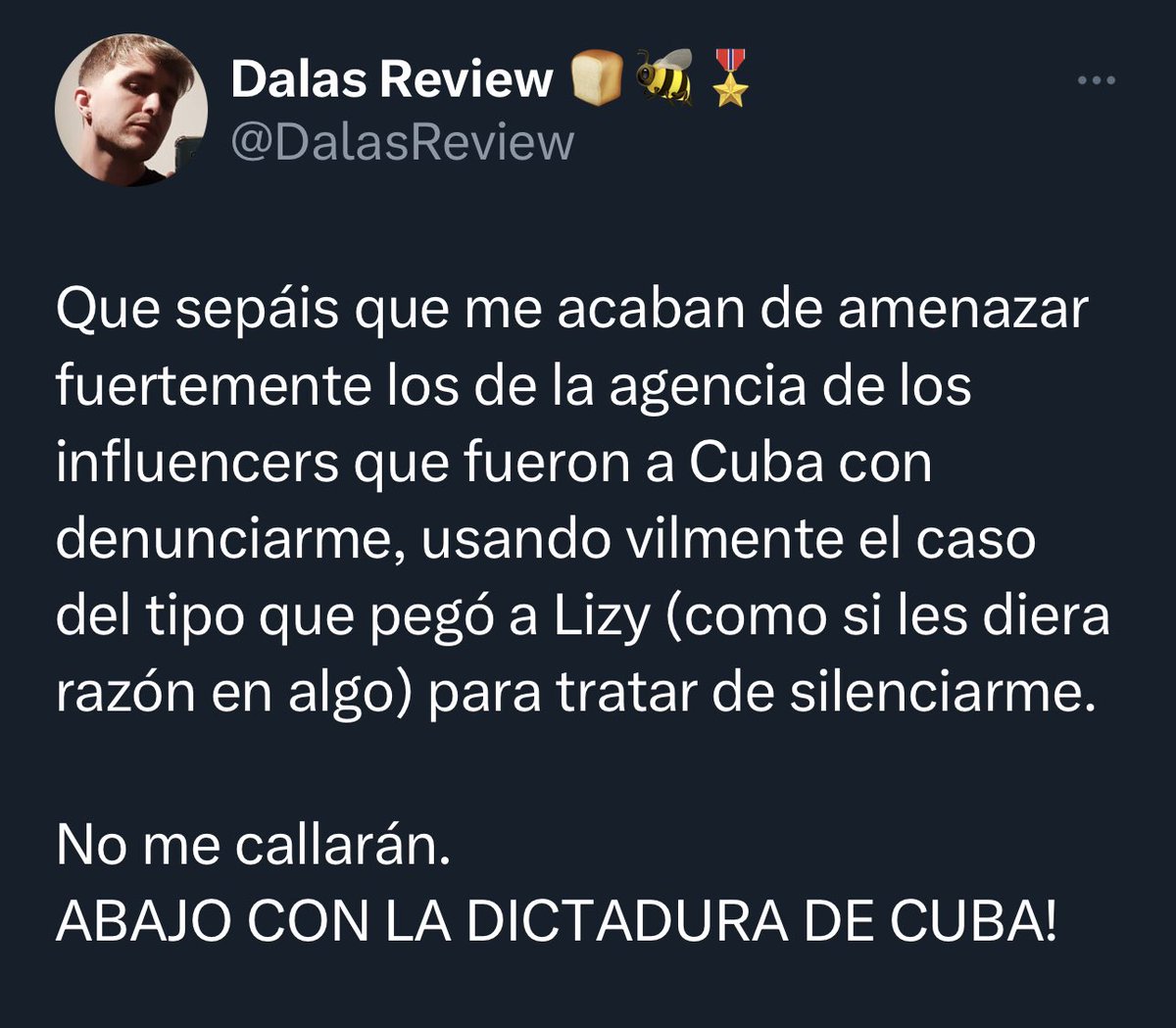 🇪🇸 | ÚLTIMO MINUTO: El youtuber e influencer <a href="/DalasReview/">Dalas Review 🍞🐝🎖</a> afirma haber recibido amenazas de denuncia por parte de la agencia de varios influencers españoles que visitaron Cuba, pagados por el régimen, para promover el turismo. 

Dalas insistió en que no se dejará silenciar y