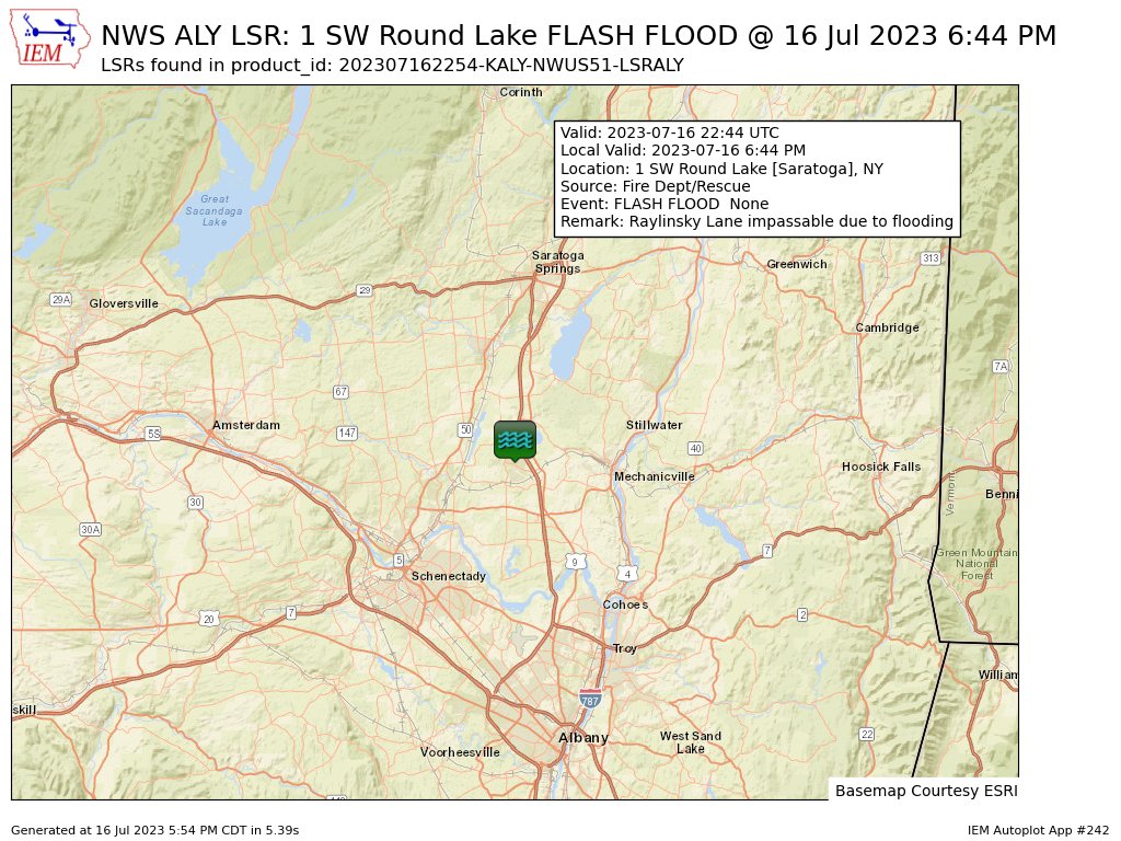 At 6:44 PM EDT, 1 SW Round Lake [Saratoga Co, NY] Fire Dept/Rescue reports Flash Flood. Raylinsky Lane impassable due to flooding https://t.co/AvxgiKx7SR https://t.co/zBrLm8K9zt