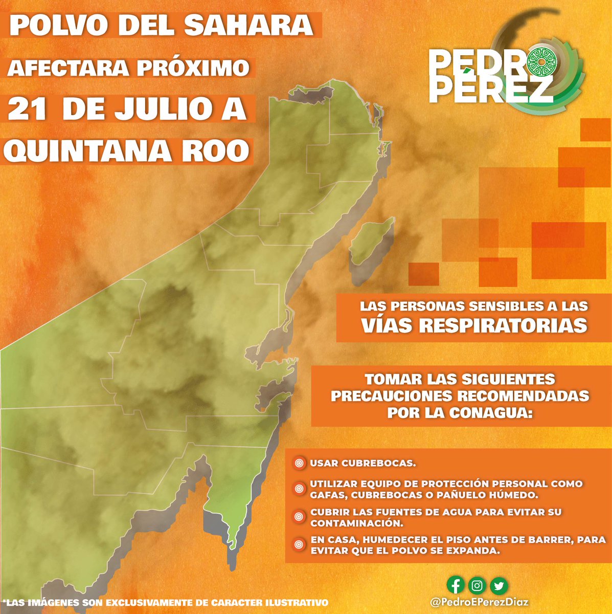 #ALERTA Polvo del Sahara arribará el próximo 21 de julio a #QuintanaRoo. Si bien no representa un peligro, las personas sensibles en las vías respiratorias podrían presentar molestias, entorpecer la visibilidad y afectar la comunicación de transportes. #DelSurNaceNuestraFuerza