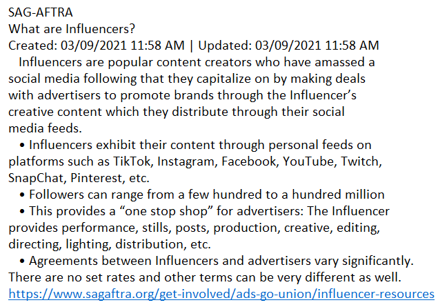 Veneficanigra's tweet photo. According to SAG-AFTRA, an influencer is a content creator who has a promotional deal with a brand whereby the influencer creates content and distributes it via social media platforms. An influencer must be a corporation or LLC. 💰 #NotFans #InterviewWithTheVampire #Influencers https://t.co/HT7kIsRAbj