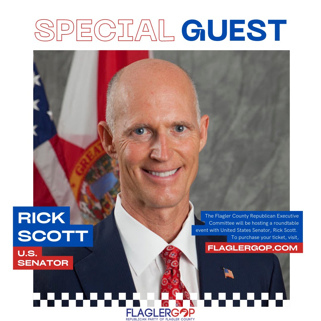 FlaglerGOP's tweet photo. The #FlaglerGOP will be hosting a roundtable event with United States Senator, Rick Scott. The event will take place on August 16th, 2023 from 2 PM to 4 PM at the Pine Lakes Golf Club. Tickets are $40 per person and can be purchased at https://t.co/lpR80M2iFo https://t.co/fGCl3cpXdO