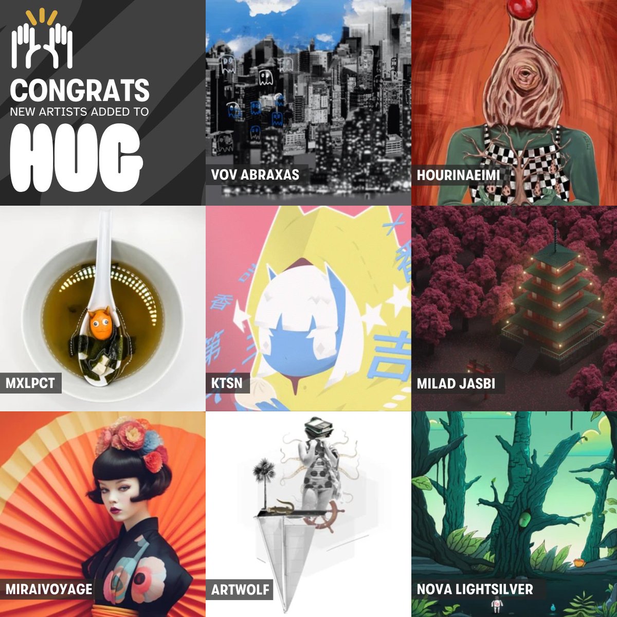 Congratulations to the latest artists curated by our community and added to HUG 🎊

@novachrome_x377
@veeeecoleman
@miraivoyage
@madebymiim
@ktsn_nn
@mxlpct
@hourinaeimi
@vovabraxas

Welcome! We can't wait to see how you customize your profiles 🤗✨