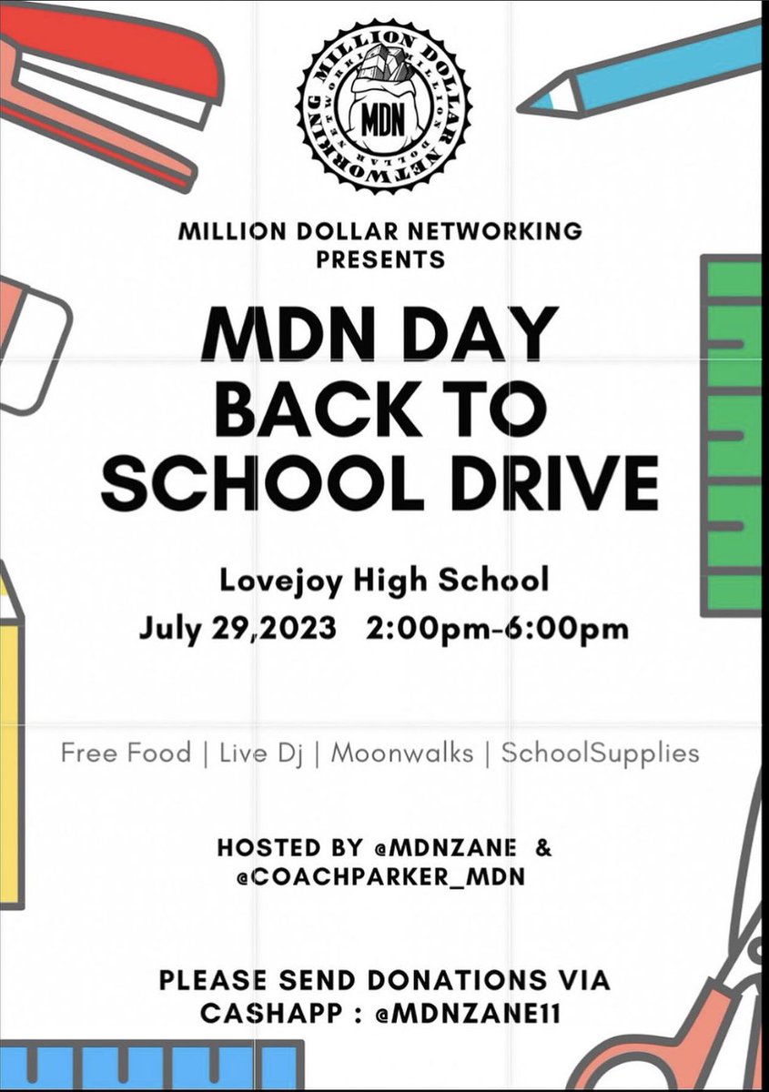 MDNZane's tweet photo. Your Invited Too Our 4Th Annual #MDNDay Saturday July 29Th. #Back2SchoolDrive
This is a Family Event Geared Towards preparing the kids for school ✊🏽〽️💙
Please send all donations via CashApp to $MdnZane11
#ClaytonCounty #MDN #Southside https://t.co/tres9tWbmN