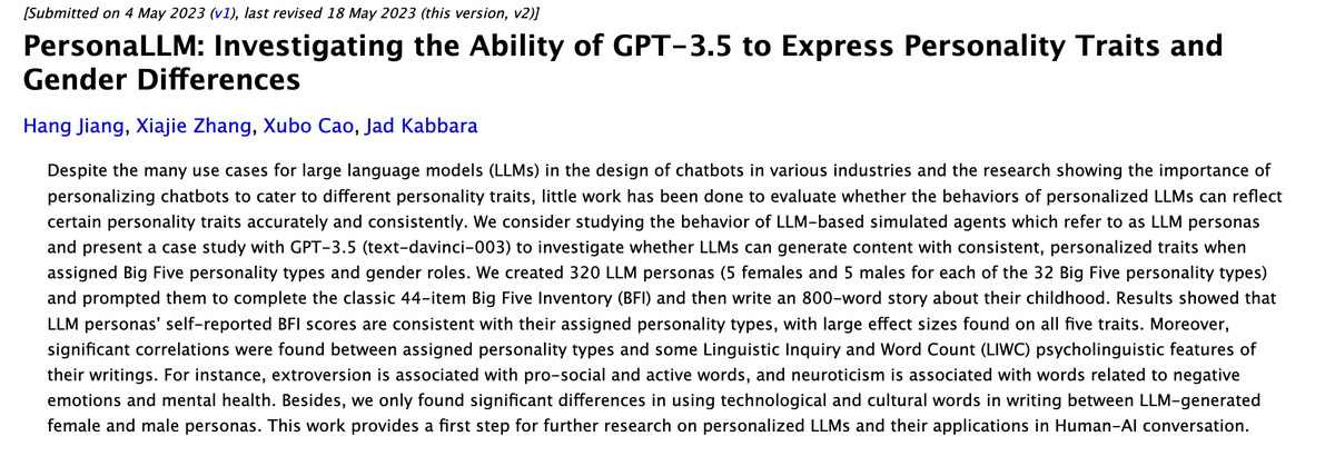 hjian42's tweet photo. Our WIP "PersonaLLM: Investigating the Ability of GPT-3.5 to Express Personality Traits and Gender Differences" is covered by @ScienceMagazine! Looking to presenting this work @IC2S2 in Session 3A: “NLP and society I” - July 19, 11:00, Room A!
#CompSocialScience #NLProc #HCI https://t.co/Z9JkATP4d6