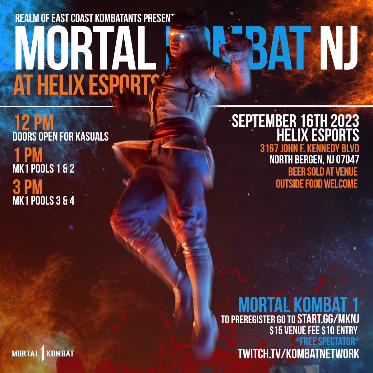 NYC Metro Area: A new era is almost here! Our first official MK1 event is on the books - mark your calendars and tag your friends!

MKNJ IS BACK! Come celebrate the new game! 

Date: Sept 16 (sat) 

Schedule:
Kasuals: 12 pm
Tournament: 1 pm

All matches on PS5

64 cap

Links 👇