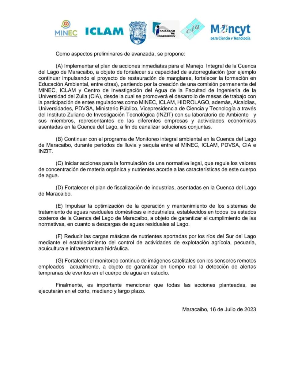Comunicado a la opinión pública sobre la situación ambiental presente en las costas del Lago de Maracaibo, en referencia al crecimiento de algas verde azules ⏬
