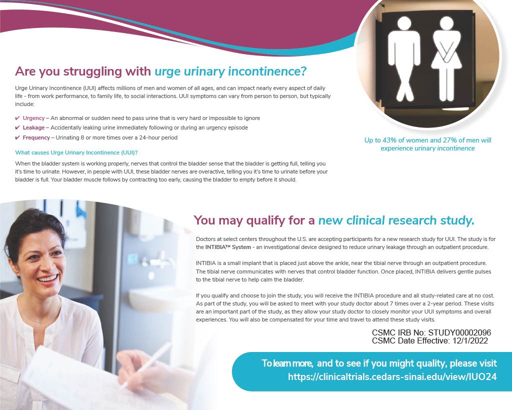 If you have any neuromodulation naive OAB patients in the LA area who might be interested in a clinical trial of an implantable tibial nerve device, please give them this info. Thx! clinicaltrials.cedars-sinai.edu/view/IU024