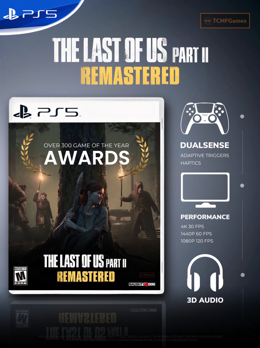 TCMFGames on X: Last of Us 2 PS5 Remastered upgraded features Based off  Uncharted Legacy of Thieves ✓ Performance Modes : 4K 30fps 1440p 60fps  1080p 120fps Potential 4K 40fps ✓ Visuals 